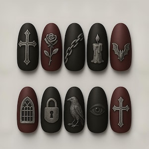 Dark Academy Press On Nails, Witchy Gothic Nails, Halloween Bat Crow Nails, Dark Aesthetic Vibe Nails, Handmade Spooky Nails, Almond Nails