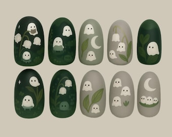 Cute Halloween Ghost Press On Nails, Spooky Ghost and Plants Press on Nails, Scary Cute Halloween Fake Nails, Kawaii Nails, 3D Nail Art