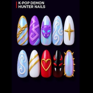 Hunter Demon Press On Nails, Huntrix Nails, Anime Inspired Nail Art, Kpop Nails, Y2K Nails Press On