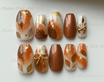 Autumn Caramel Leaf Nails, Hand-Painted Burnt Orange and Gold Foil Press On Nails, Cozy Fall Nail Art, Elegant Fall Neutral Nails