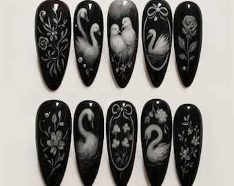Floral Swan Press On Nails, Swan Lake Nail Art, Black Gothic Rose Nails, Goose Nails, Elegant Nails, Hand Painted Flowers Almond Nails
