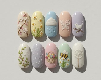 Pastel Spring Garden Press On Nails, Blossoms, Butterfly, Bird Nail Art,  Daisy Floral Nails, Vintage Handmade Almond Nails