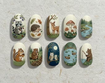 Whimsical Woodland Animal Press On Nails, Forest Creatures Nail Art, Deer Owl Bear Mushrooms Nails, Cottagecore Nature Hand Painted Nails