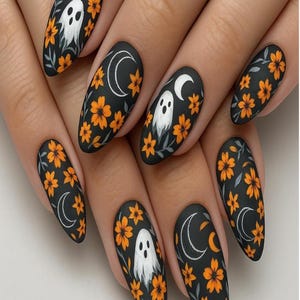 Floral Halloween Ghost Press On Nails, 3D Nail Art for Halloween Party, Spooky Holiday Almond Nails, Flower Moon Ghost Nails