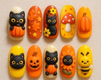Autumn Cat Press On Nails, Halloween Cat Nails, Pumpkin Mushroom 3D Cat Nail Art, Cat Lover Gifts, Handmade Kawaii Nail, Fall Vibes Nails