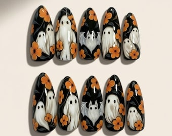 Gruseliger Halloween Blumengeist Drücken Sie auf die Nägel, 3D Nagelkunst für Halloween-Party, Blumen Urlaub Mandel Nägel, Fledermaus Nägel, Witchy Schwarze Nägel