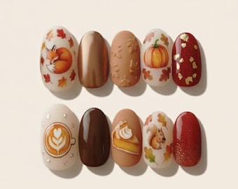 Elegant Autumn Press On Nails, Fox Pumpkin Cozy Fall Nail Art, Handmade Fall Vibes Almond Nails, Festive Fall Nail Design, Cute Autumn Nails