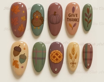 Handmade Thanksgiving Press On Nails, Turkey, Pumpkin and Leaves Nail Art, Hand-Painted Thanksgiving Nails, Cozy Holiday Nails