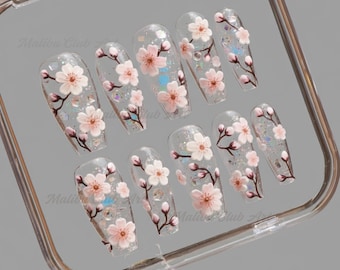 Cherry Blossom Press On Nails, 3D Pink Sakura Nail Art, Spring Nail Design