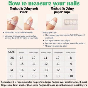 May include: An instructional guide on measuring nails, using a soft ruler or paper/tape. Includes a size chart with finger measurements in mm, and advice on selecting sizes. The title reads "How to measure your nails".