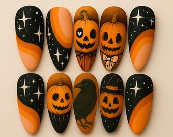 Spooky Halloween Pumpkin Ghost Press On Nails, 3D Nail Art for Halloween Party, Crow Holiday Almond Nails, Custom Handpainted Nails