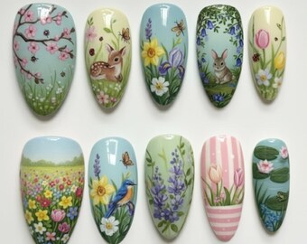 Enchanted Spring Nature Press On Nails, Pastel Floral Nails, Woodland Animal Nails,Fairy Garden Cottagecore Nails, Reusable Almond Nails