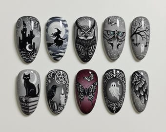 Dark Moon Gothic Nails, Owl & Moth Nails, Dark Aesthetic Nails, Witchy Almond Nails