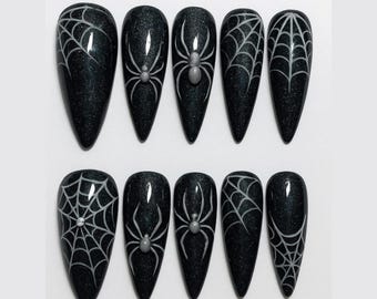 Paznokcie z motywem pająka na Halloween, Straszny pająk 3D, Ręcznie robione paznokcie na Halloween w kształcie ciemnego kociego oka, Gotyckie sztuczne paznokcie