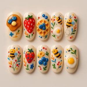 May include: Ten artificial nails with a cream base, each decorated with miniature food and insect designs. The designs include pancakes, strawberries, waffles, blueberries, fried eggs, and bees.