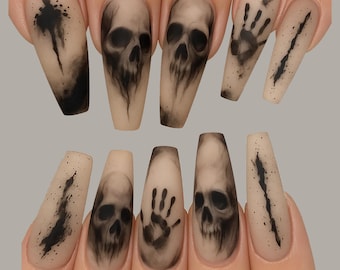 Halloween-nagelkunst, Haunted Ghost-nagels, schedelpers op nagels, spookachtige 3D-nagelkunst, gotische nagels, handgemaakte herbruikbare nepnagels