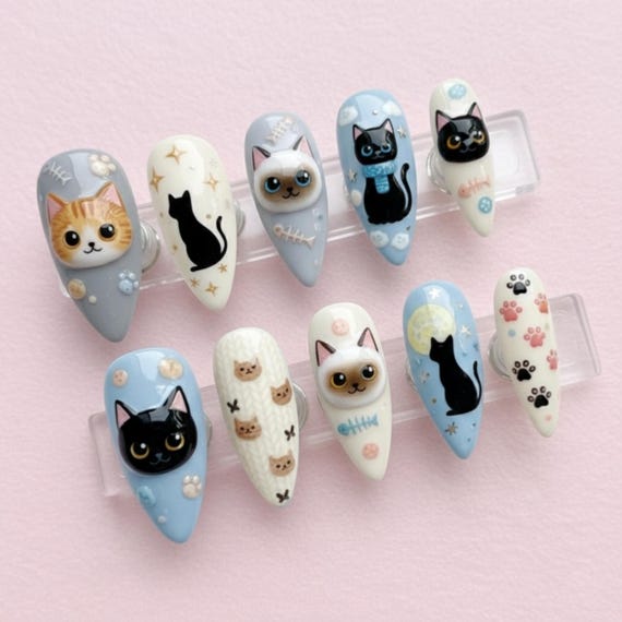 Kawaii Cat Press On Nails, Pastel Blue Kitty Nails, Cute Animal Nail Art, Handmade Press Ons for Cat Lovers, Almond Cat Nails