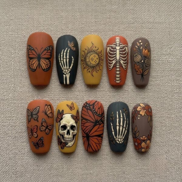 Gotiska fjärilspressnaglar, Halloween-skelettdödskalle-nagelset, Dark Academia höstnaglar, handgjorda kistanaglar, häxig höstnagelkonst