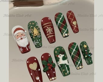 Gezellige kerstpers op nagels, handgeschilderde kerstmannagelkunst, geruite kerstnagels rendiervakantie, feestelijke doodskistnagels, schattige kerstnagels