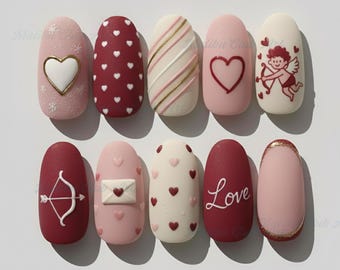Süßer Amor Valentine Drücken Sie auf die Nägel, Liebesbrief & Herz Drücken Sie auf die Nägel, süßes rotrosa Nagelset