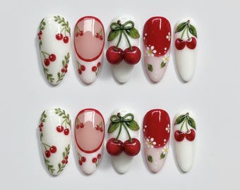Elegant Cherry Press On Nails, 3D Cherry Nail Art, French Tip Design,  Handmade Medium Almond Nails, Spring Wedding, Valentine's Day Nails