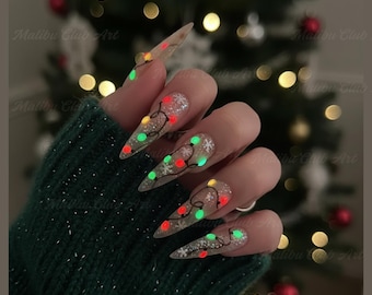Christmas Nails, Glow-In-The-Dark Christmas Press On Nail, Snowflake Nails, Colorful Lights Xmas, Holiday Nail Art