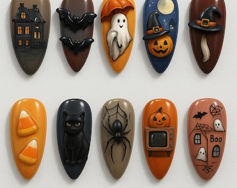 May include: A collection of ten Halloween-themed nail art designs. Each nail features a different design, including a haunted house, bats, a ghost with an umbrella, a pumpkin with a witch hat, a black cat, a spider, and candy corn.
