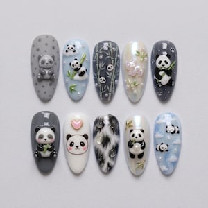 Cute Panda Press On Nails, Kawaii Bamboo Bear Nails, Cute 3D Animal Nails, Pearl Chrome Nails, Cloud Panda Nails
