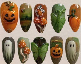 May include: A collection of ten Halloween-themed nail art designs. The designs feature pumpkins, ghosts, mushrooms, and butterflies in various colors, including orange, green, and brown. Each nail has a unique, detailed design, perfect for the spooky season.