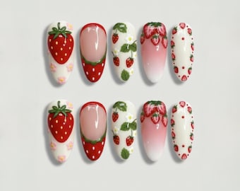Strawberry Garden Press On Nails, Cute Red Berry Nails with Flowers & Leaves, Hand-Painted Strawberry Nail Art, Sweet Fruit Inspired Nails