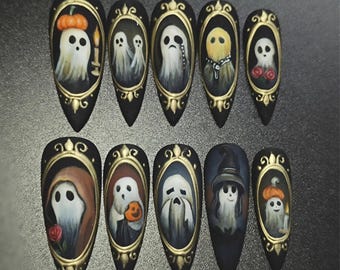 Halloween spookportret spooknagels, schattige spookachtige pers op nagels, spookachtige 3D-nagelkunst, gotische nagels, handgemaakte herbruikbare nepnagels