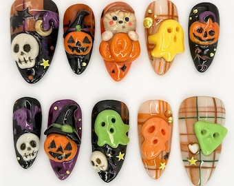 May include: A collection of Halloween-themed nail art designs. Each nail features a unique design, including skulls, pumpkins, ghosts, and plaid patterns. The color palette includes black, orange, purple, green, and white, creating a festive and spooky aesthetic.