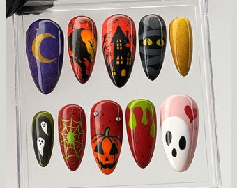 Halloween Nails, Raven Spiderwen Nails, Witchy Orange & Black Fake Nails,Spooky Gothic Nails Set