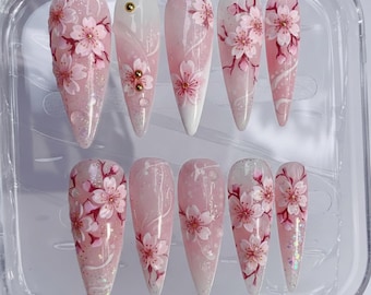 Cherry Blossom 3D Flower Press On Nails, Pink Coquette Nail Art, Bridal Nail Art, Elegant Nails for Dating