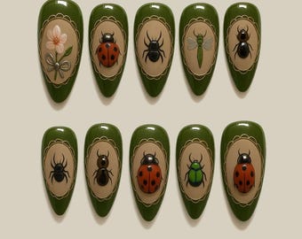 Hand-Painted Bug Press On Nails, 3D Insect Themed Nails Art, Insect Lover Nails, Medium Almond Fake Nails