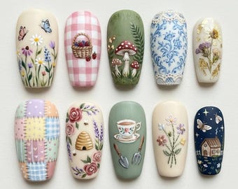 Uñas postizas estilo cottagecore de primavera, flores de jardín en tonos pastel, diseño de abejas con hongos mágicos, set de uñas postizas pintadas a mano
