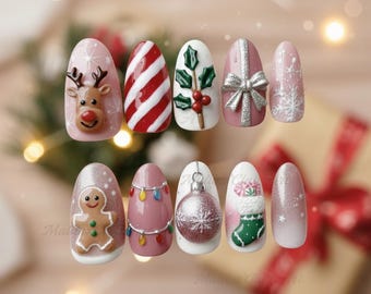 Pink Christmas Holiday Press On Nails, Snowman Reindeer Glitter Nails, Cute Winter Nail Art, Xmas Wonderland Nails,Festive Pink Almond Nails