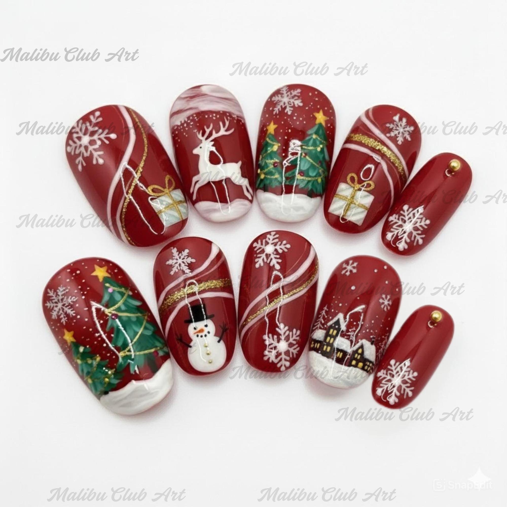 Festive Red Christmas Nails, Snowflakes Reindeer Nail Art