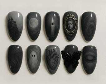 Witchy Gothic Press On Nails, Halloween Ghost Nails, Black Goth Nails,  Dark Aesthetic Vibe Nails, Handmade Spooky Nails, Ombre Almond Nails