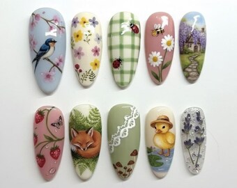 Cottagecore Spring Garden Press On Nails, Blossoms, Sleeping Fox, Bird Nail Art, Daisy Floral Nails, Vintage Handmade Almond Nails