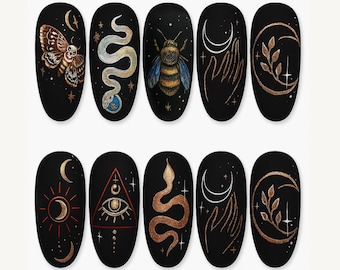 Halloween Witch Press On Nails, Black Gothic Nail Art,  Spooky Serpent Bee Nails, Monarch Handmade Almond Nails, Black Moon Nails
