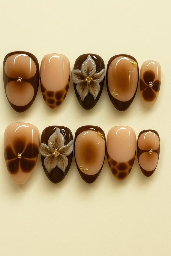 Elegant Fall Press On Nails, 3D Floral Nail Art, Neutral and Brown Autumn Almond Nails,  Elegant Vintage Fake Nails, Handmade Press On Nails