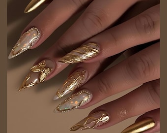 Luxury Nail Art, Elegant Press On Nails, Handmade Gold Press Ons, Gold Flower Nails,  Acrylic Nails, Wedding Nails, Bridal Press On Nails