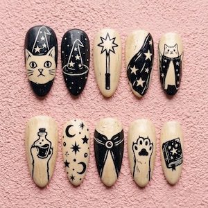 Set de uñas de mago gato místico negro y crema, arte mágico de estrellas celestiales, uñas postizas de bruja poción, diseño de gato gótico adorable