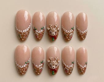 Reindeer Gingerbread French Tip Nails, Cute Christmas Press On Nail Set
