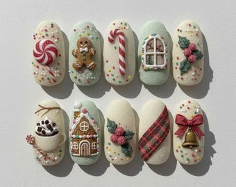 Mistletoe Christmas Nails, Whimsical Gingerbread House Nail, Handmade 3D Nails, Candy Cane Nails, Hot Chocolate Christmas Press On Nails