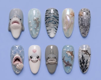 3D Shark Ocean Press On Nails, Cute Shark Nail Art, Blue Sea Animal Nails, Dolphin Whale Shark Nails, Summer Beach Nails
