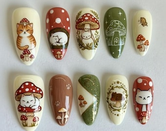Cottagecore Cat Mushroom Press On Nails, Hand-Painted Woodland Nail Art, Vintage Cat Nails, Cute Cottagecore Nails