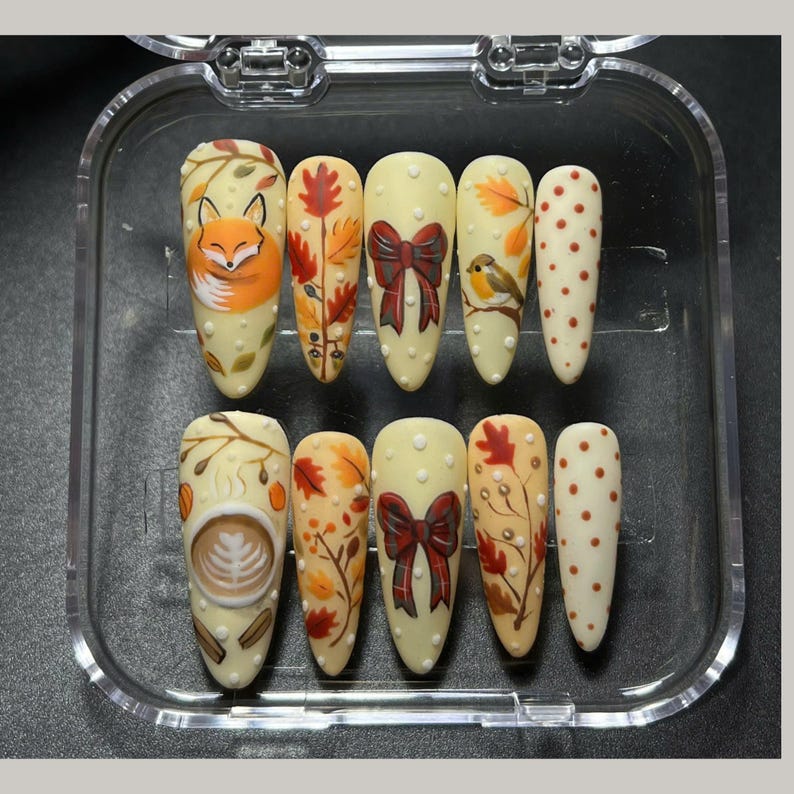 Fox Nails, Coquette Style, Autumn Press On Nails, Bowtie Nail, Christmas Tree Nail Art, Elegant Holiday Nails, Fake Nails for Holiday Party image 4