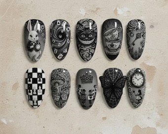 StoryBook Alice Nails, Fairycore Gothic Nailart, Wunderland Nagel, 3D Nailart, Literatur Press On